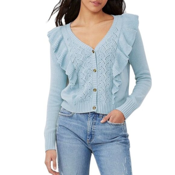 Women's LC Lauren Conrad Ruffle Pointelle Cardigan Blue NWT XXL - Picture 1 of 7